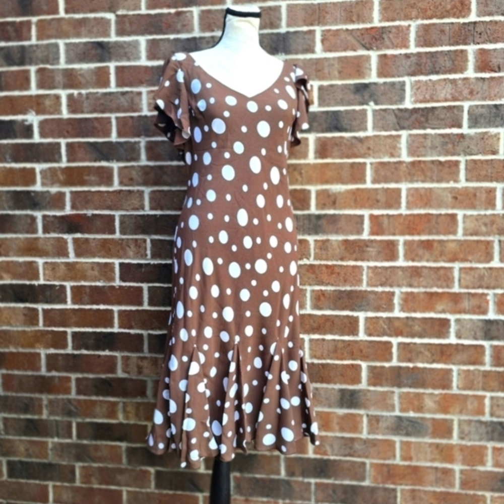 S.L. Fashions Brown Polka Dot Midi Dress – Size 10